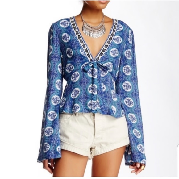 Free People Tops - Free People Belle Sleeve, Blue/Teal Snap & Tie Retro Bohemian Top, Size Medium
